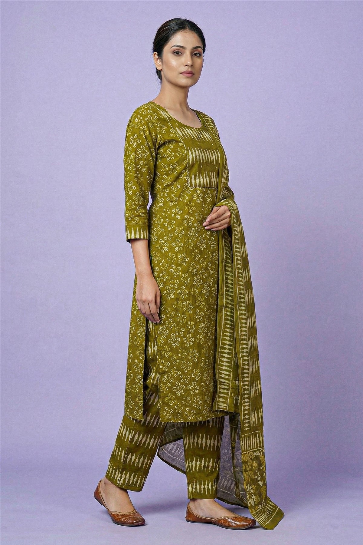 Cotton Printed Olive Green Kurti Set With Dupatta