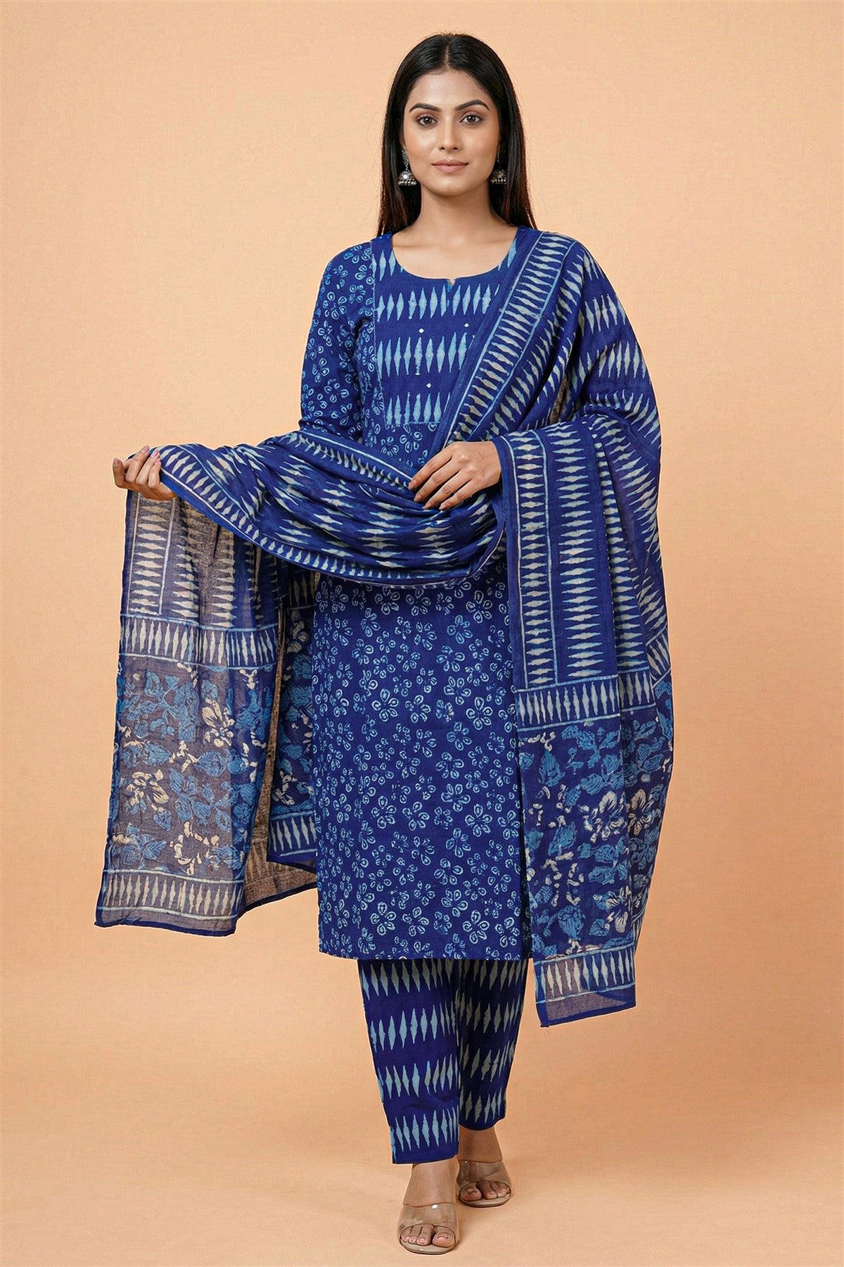 Cotton Printed Blue Kurti Set With Dupatta