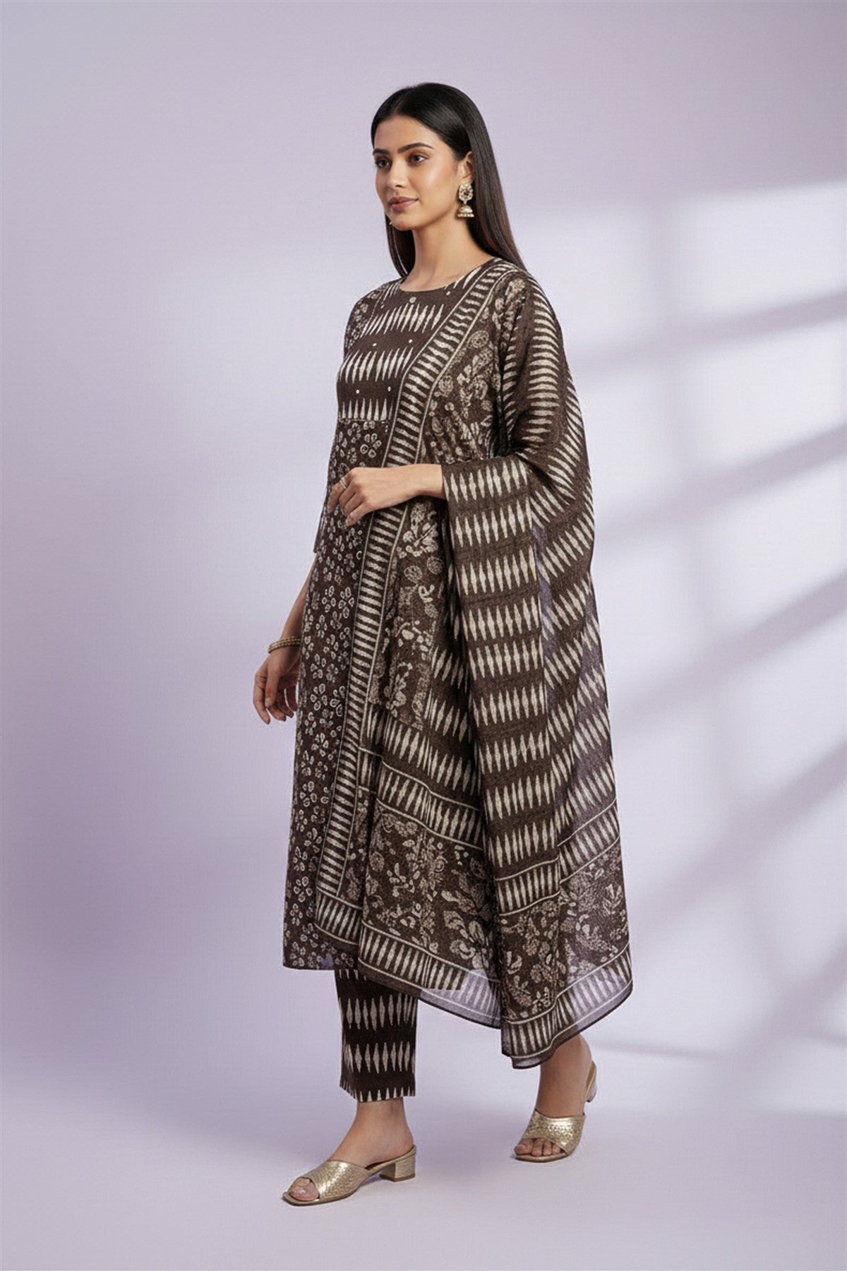 Cotton Printed Brown Kurti Set With Dupatta