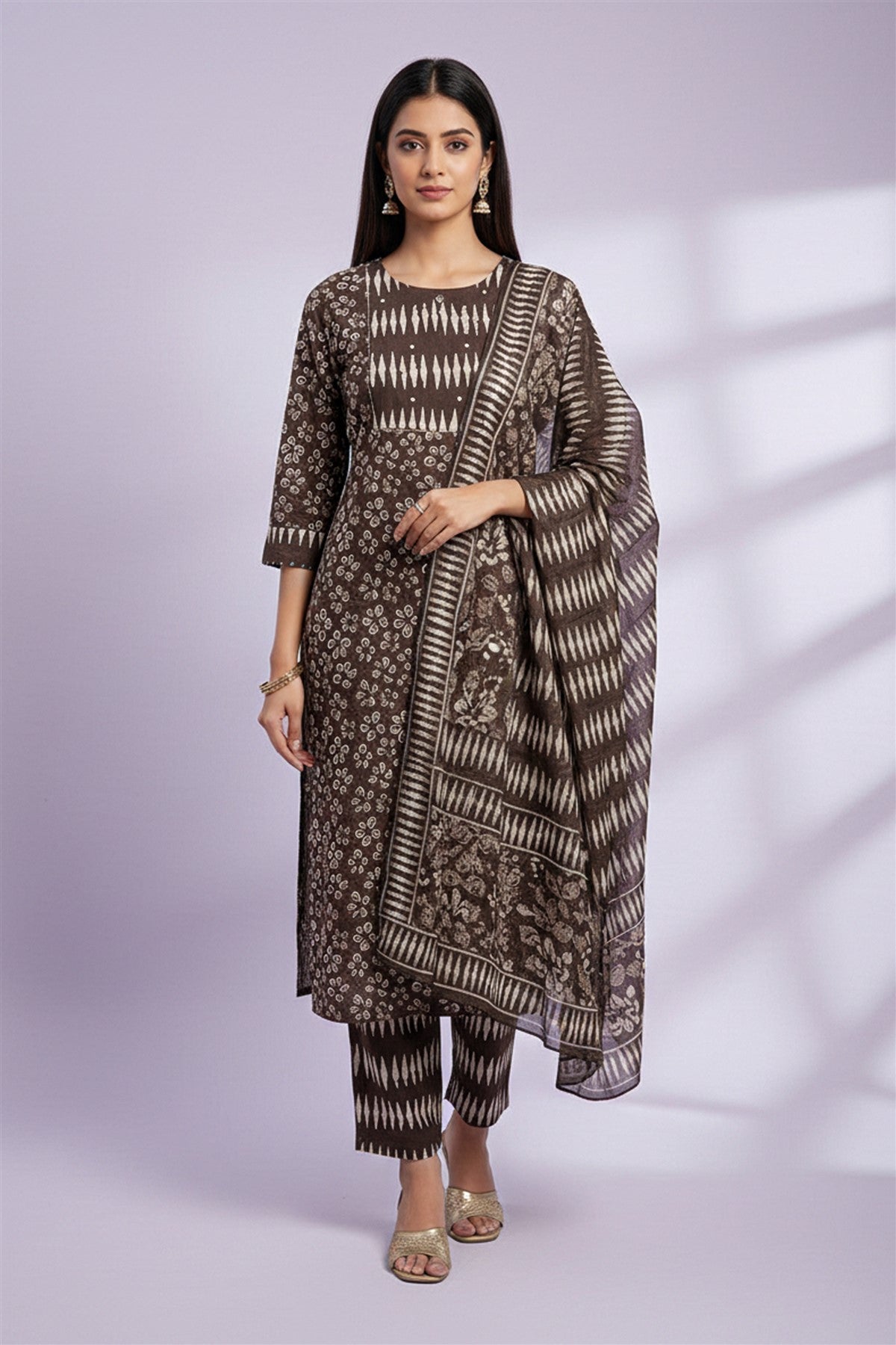 Cotton Printed Brown Kurti Set With Dupatta