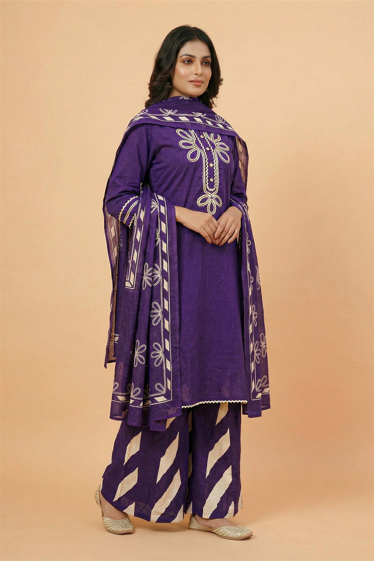 Cotton Embroidered Violet Kurti Set With Dupatta