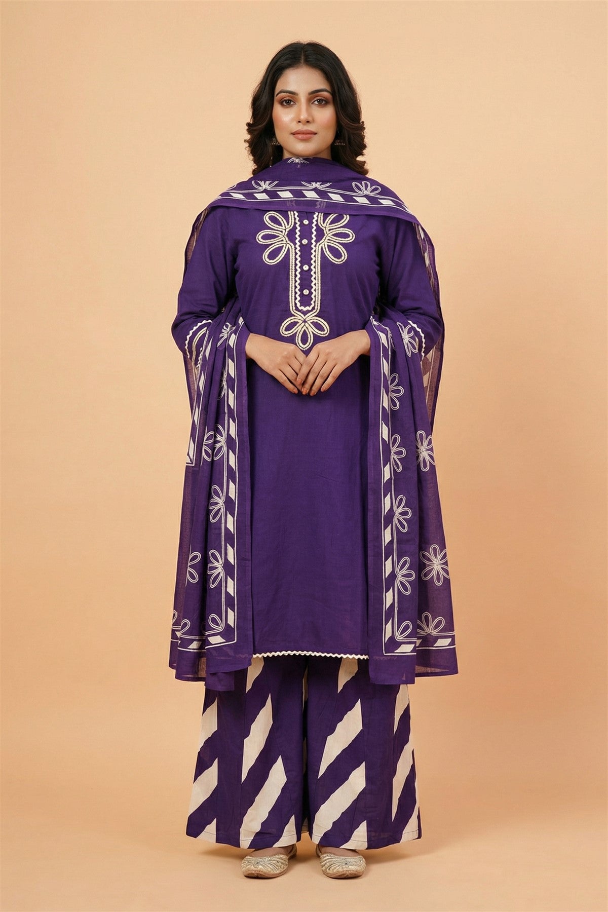 Cotton Embroidered Violet Kurti Set With Dupatta