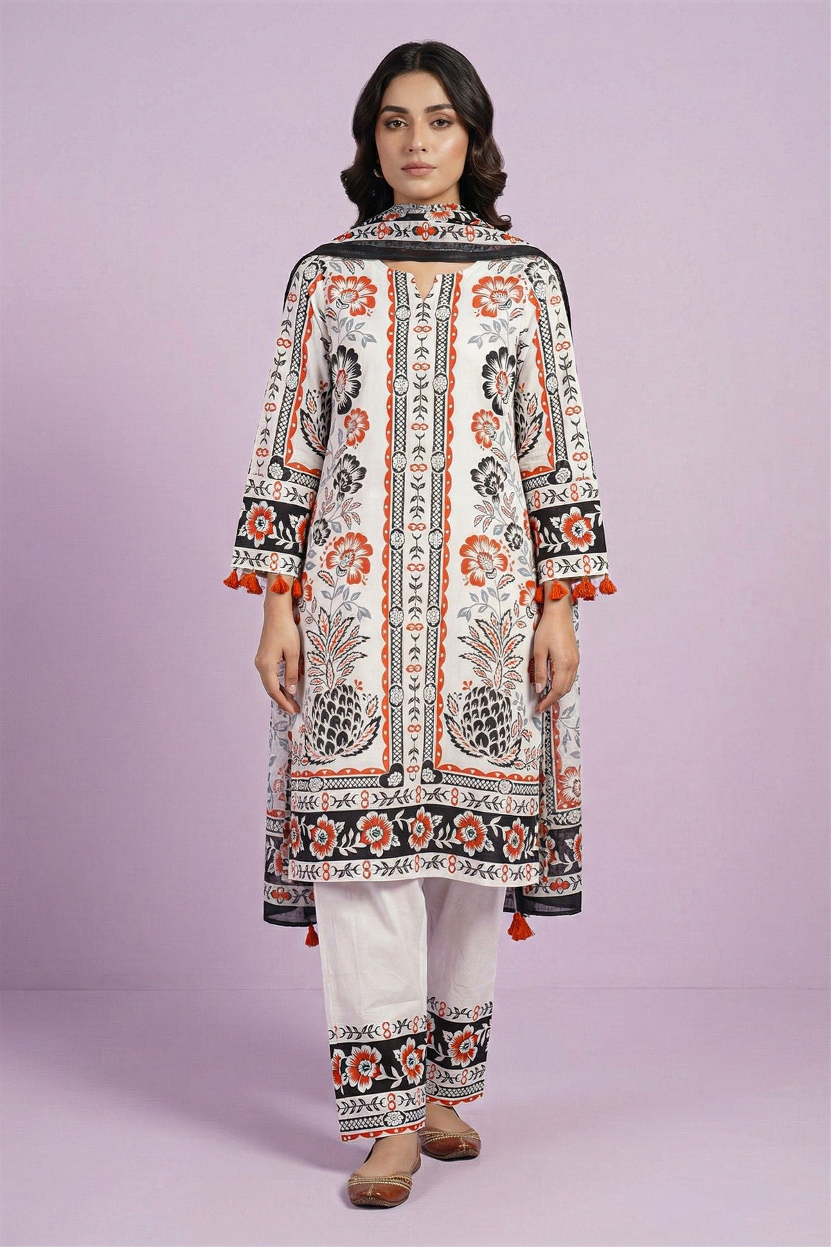 Cotton White Floral Printed Kurti Set With Dupatta