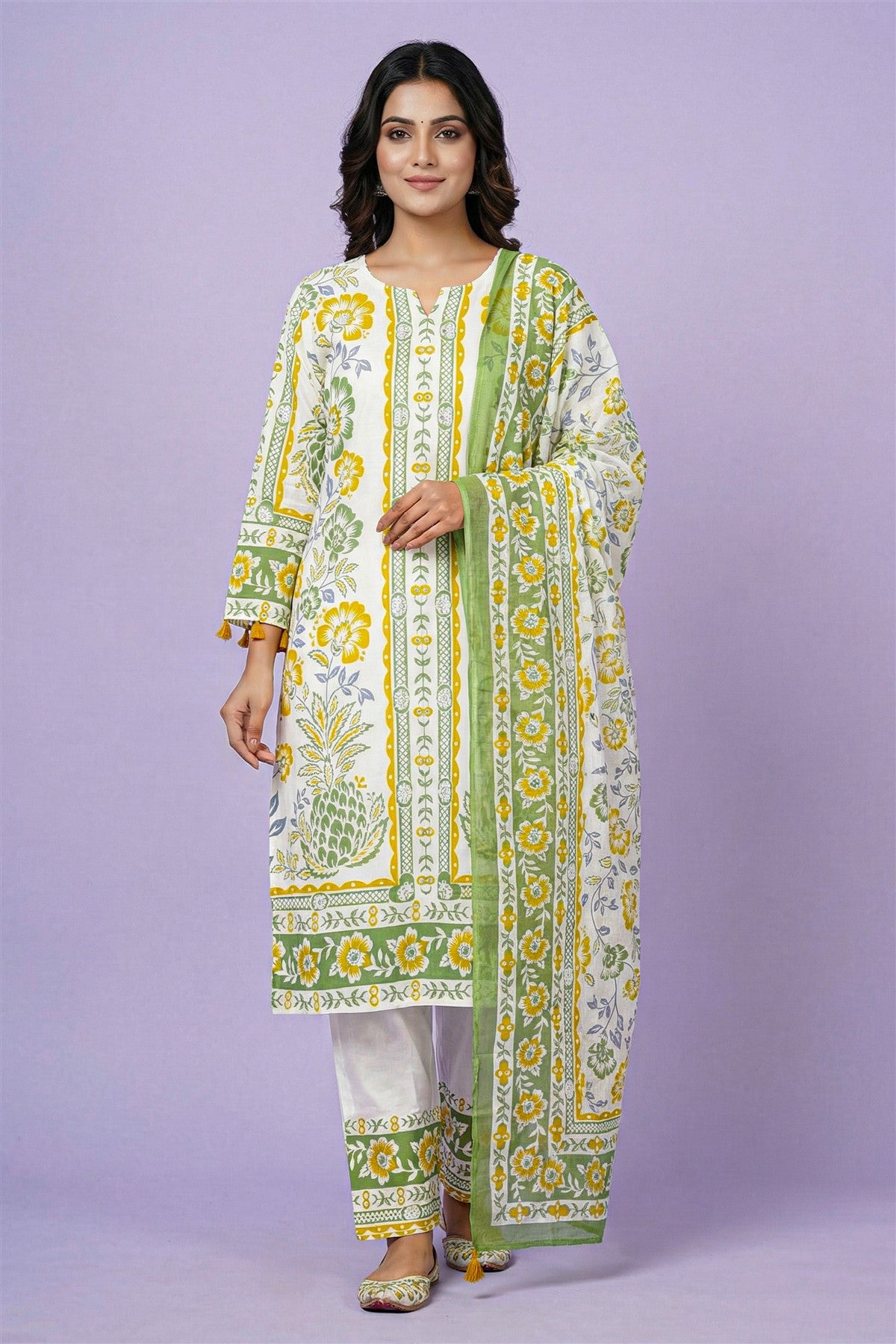 Cotton White Floral Printed Kurti Set With Dupatta