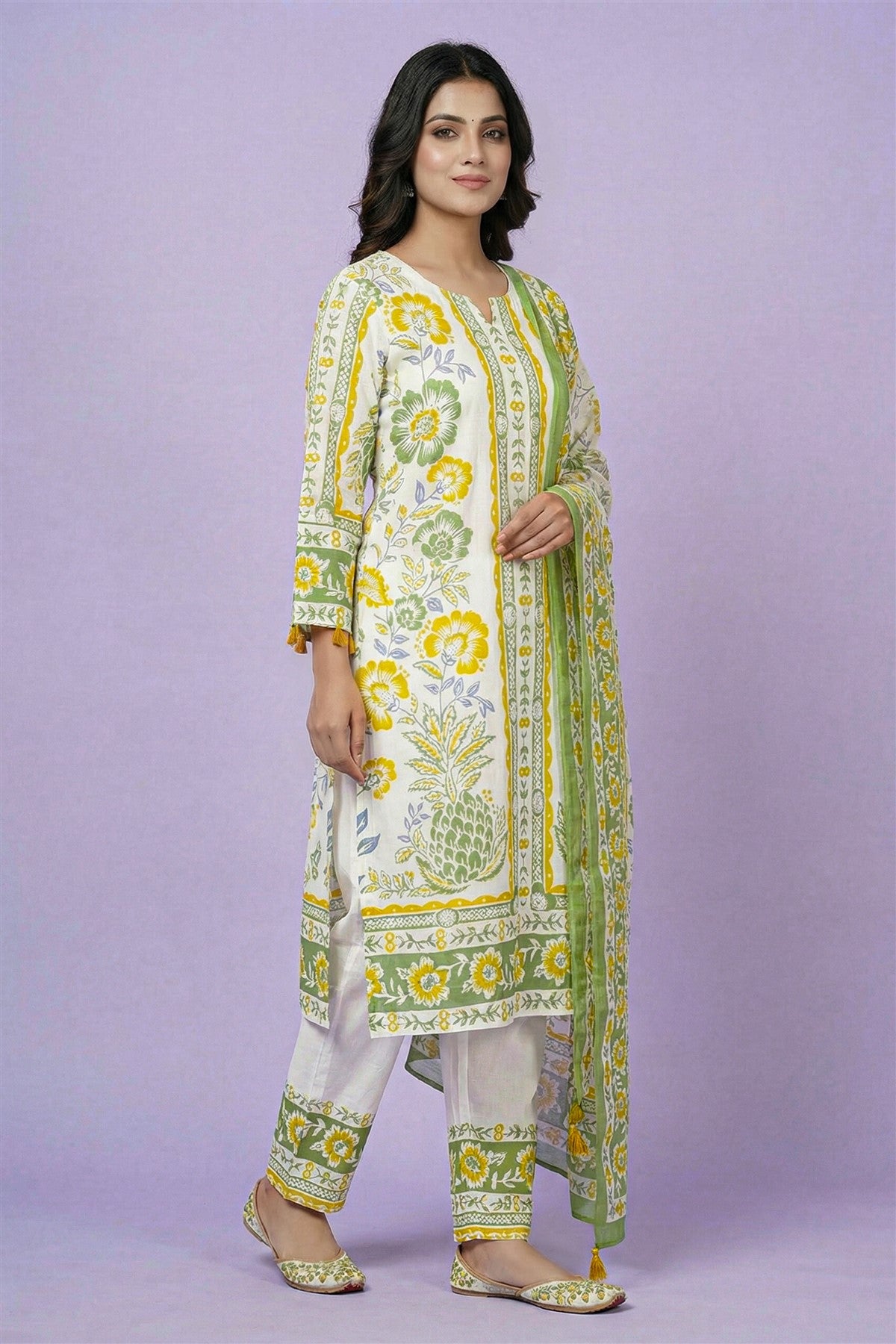 Cotton White Floral Printed Kurti Set With Dupatta