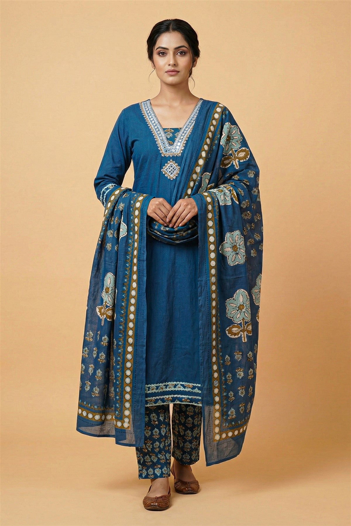 Cotton Blue Printed Kurti Set With Dupatta