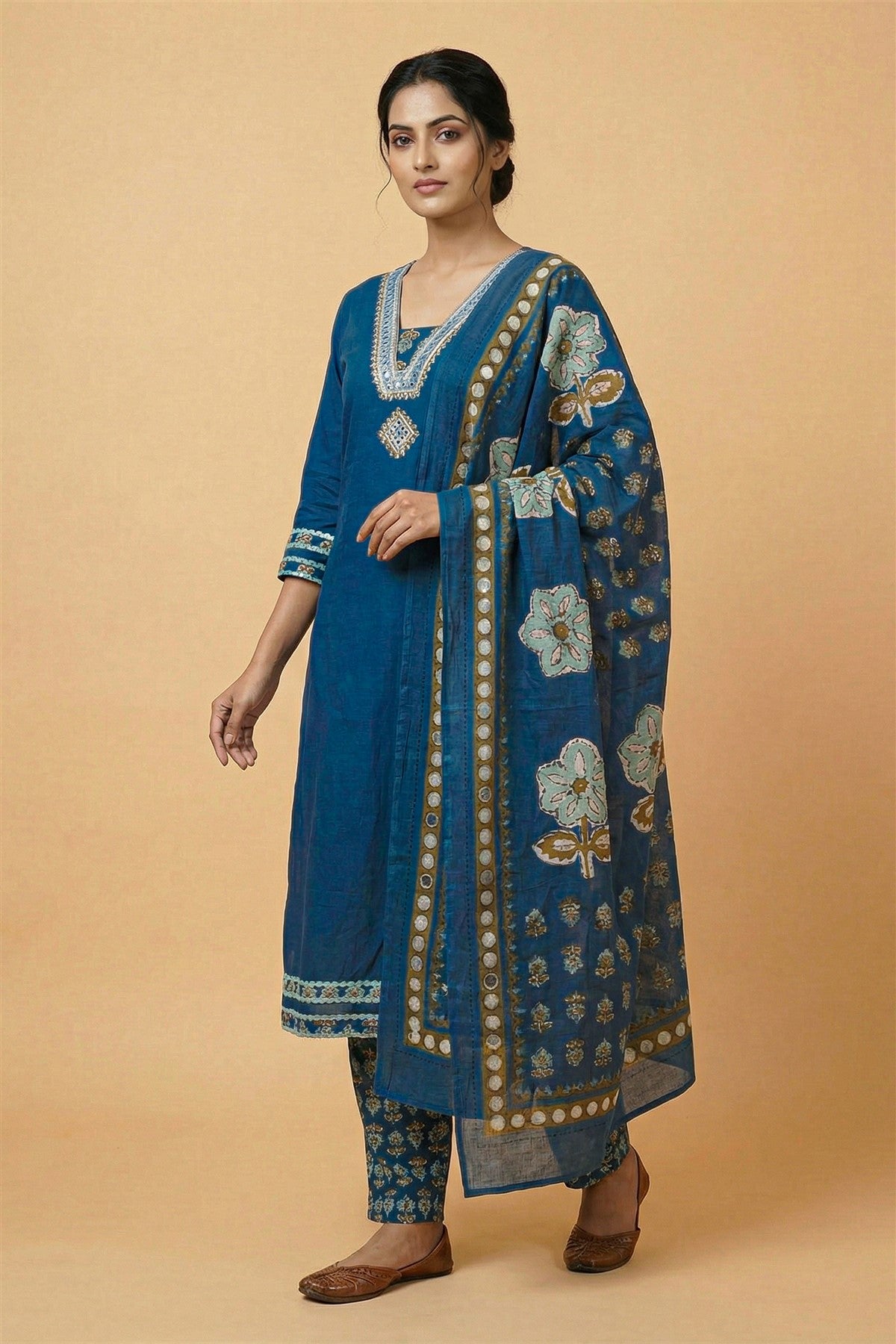 Cotton Blue Printed Kurti Set With Dupatta