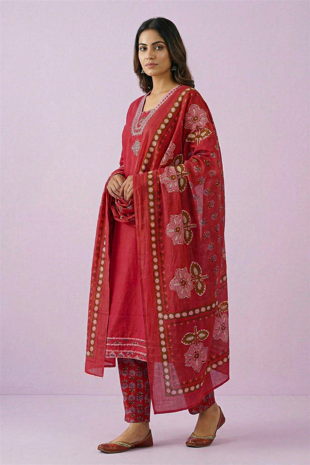 Cotton Dusty Pink Printed Kurti Set With Dupatta
