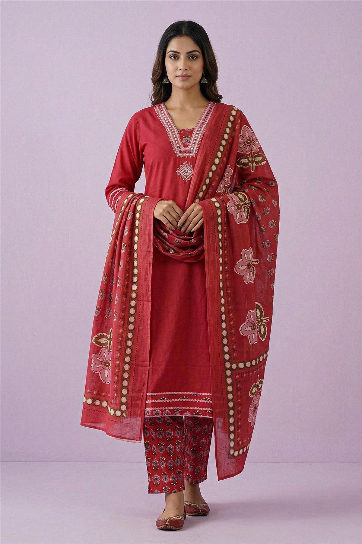 Cotton Dusty Pink Printed Kurti Set With Dupatta