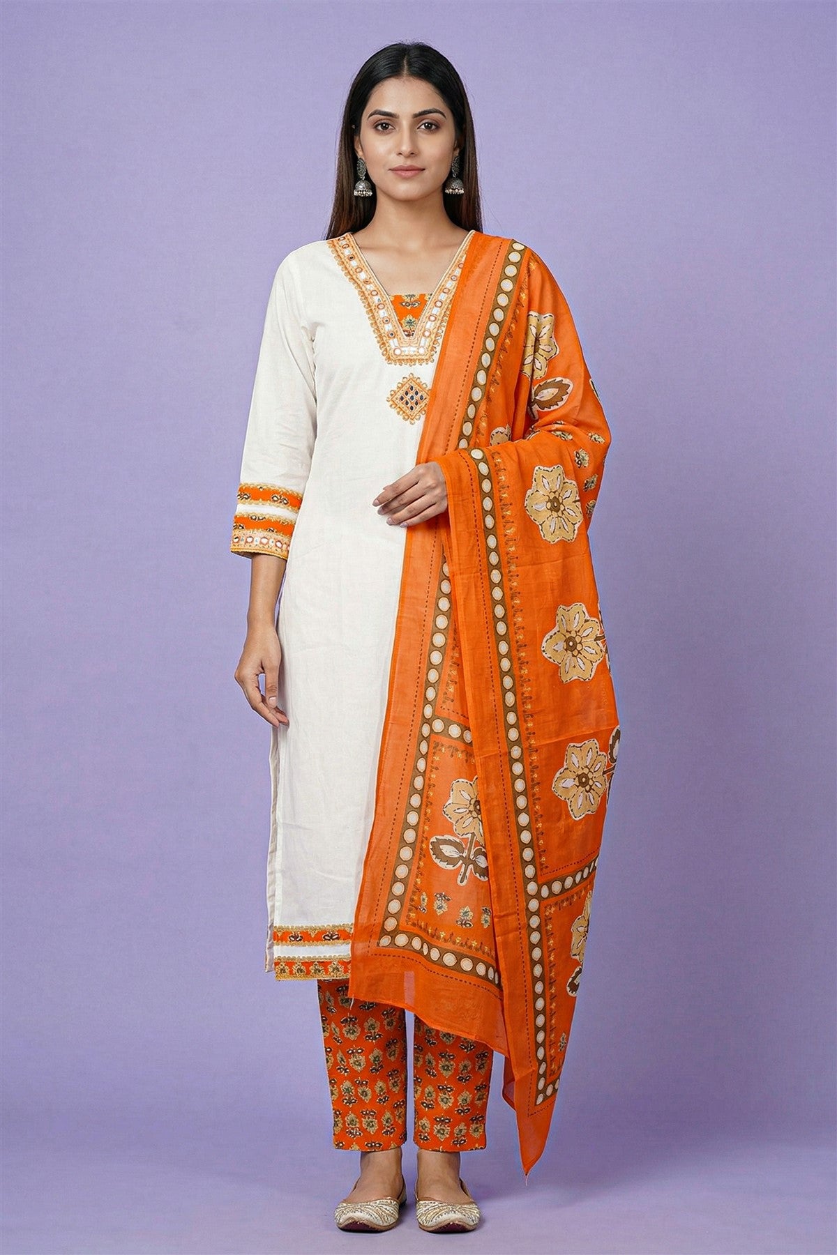 Cotton Cream Printed Kurti Set With Dupatta