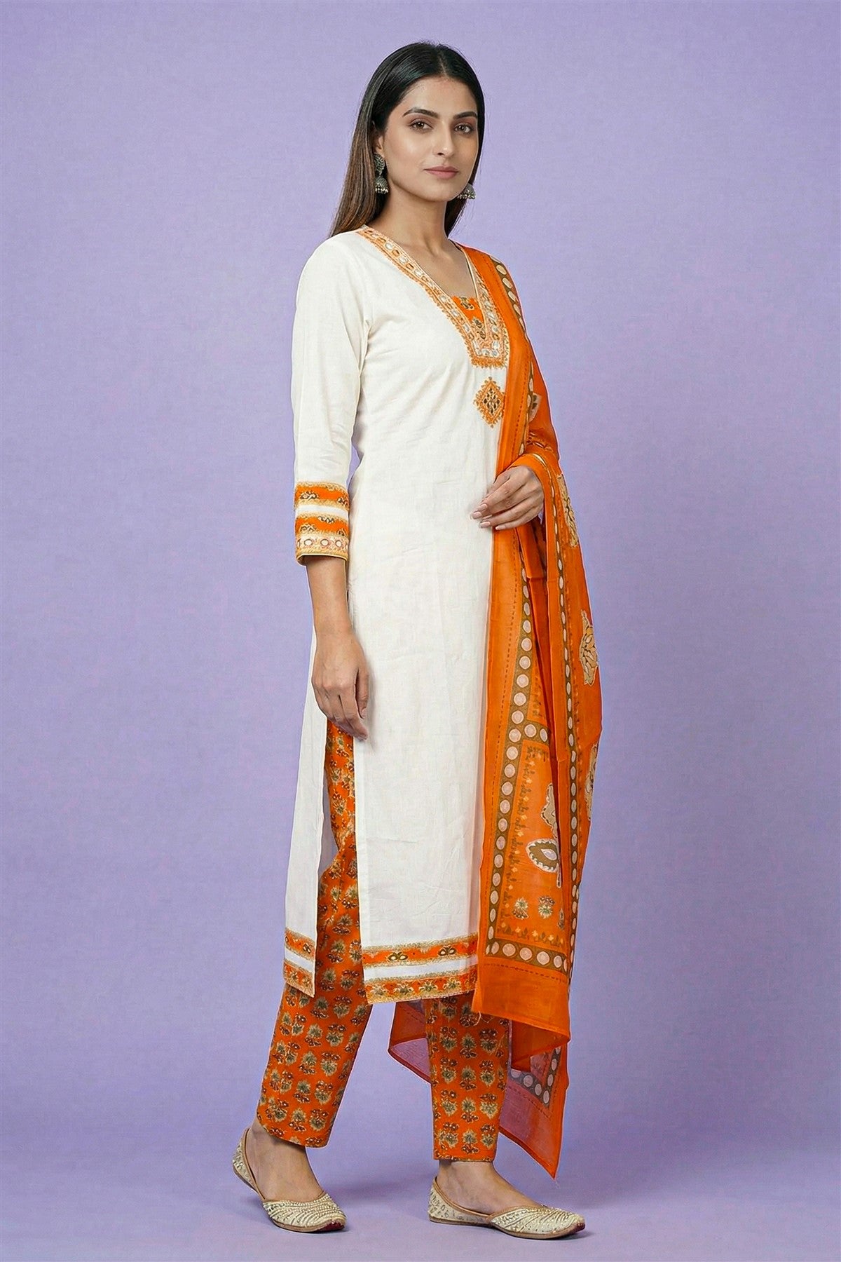 Cotton Cream Printed Kurti Set With Dupatta
