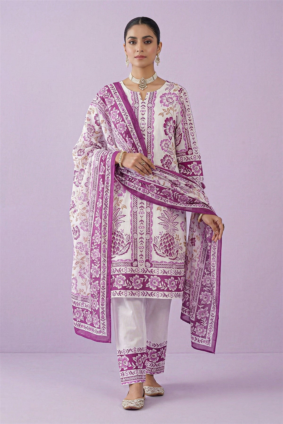Cotton White Floral Printed Kurta Set With Dupatta