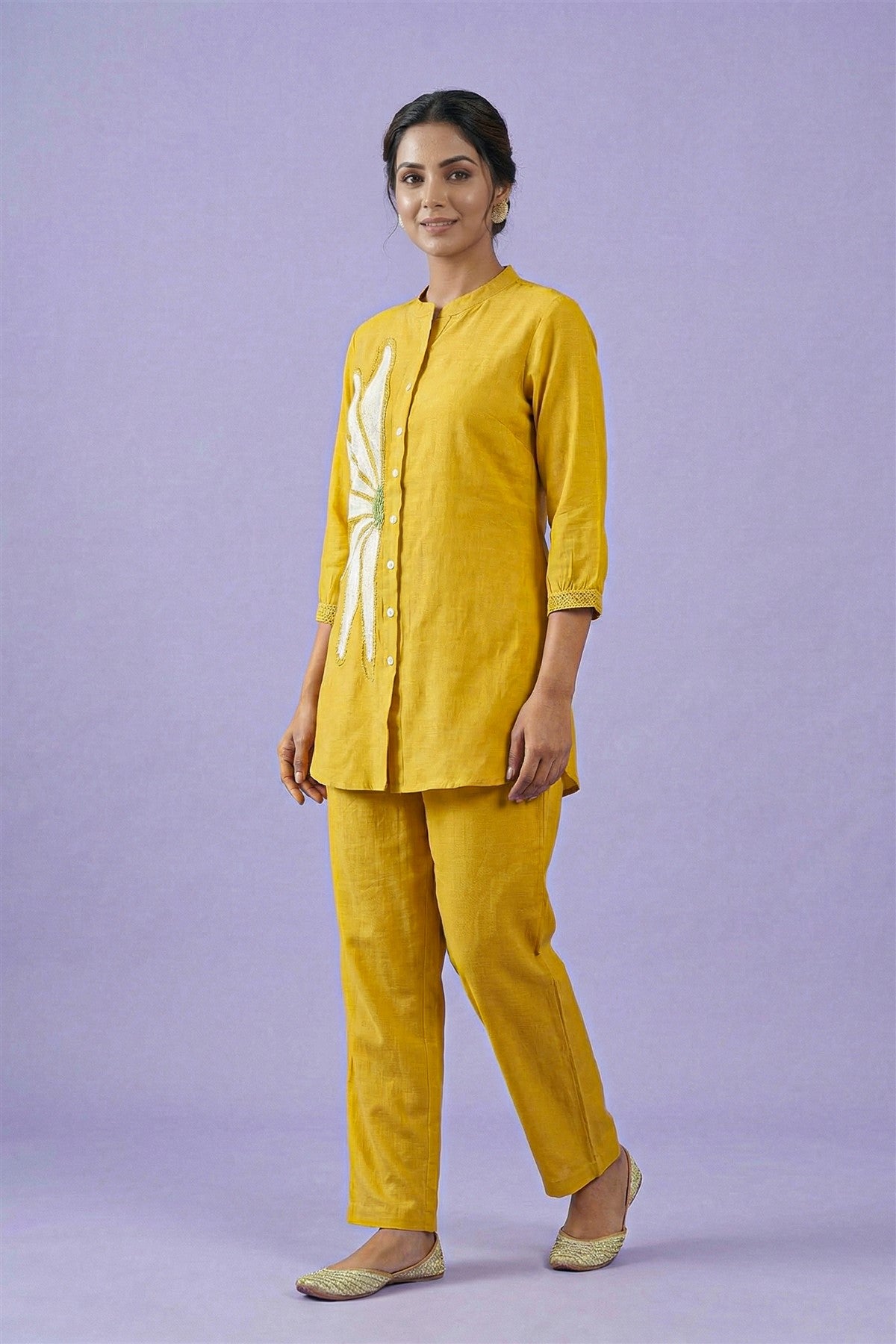 Mul Chanderi Embroidered Yellow Co-Ord Set