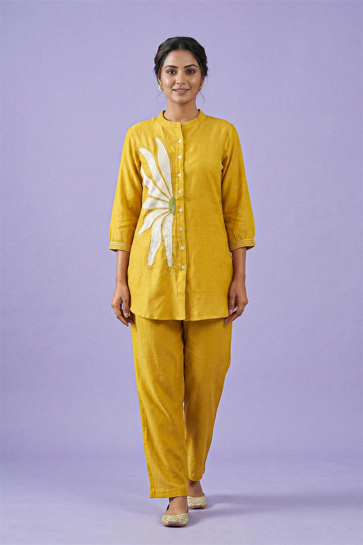 Mul Chanderi Embroidered Yellow Co-Ord Set
