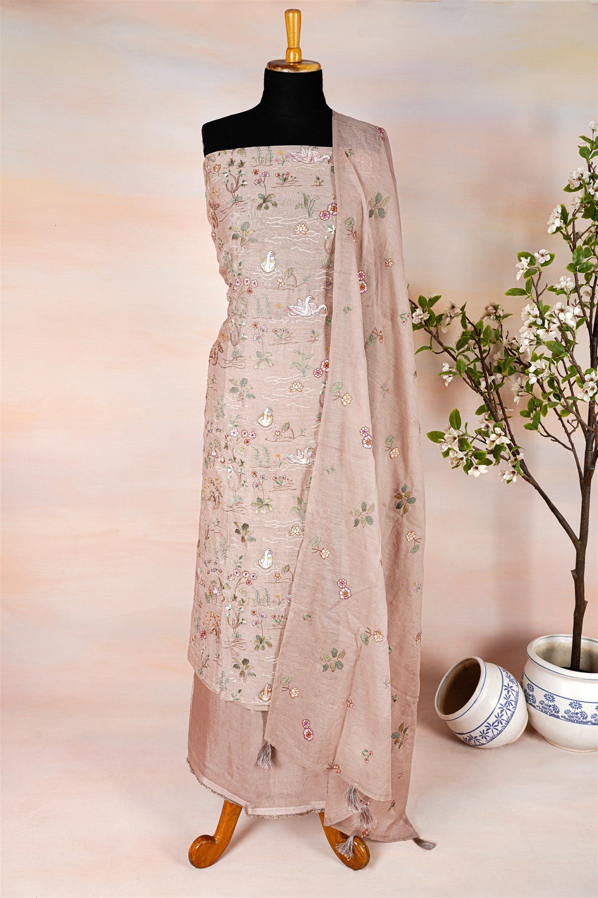 Chanderi Beige Embroidered Dress Material