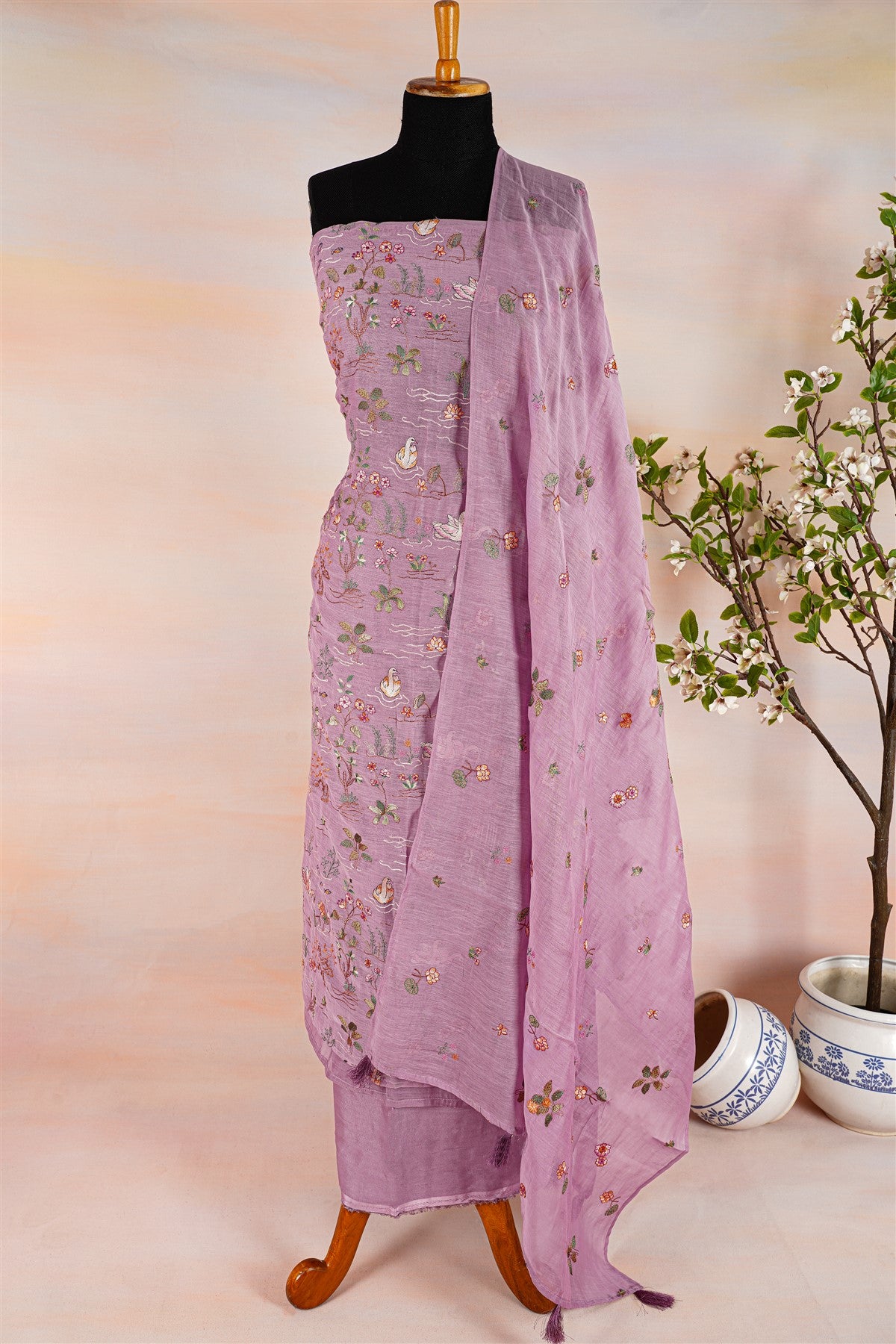 Chanderi Lavender Embroidered Dress Material