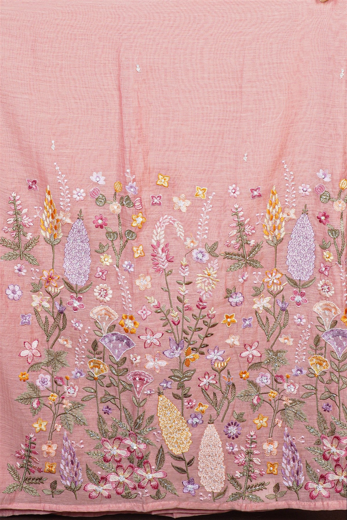 Chanderi Peach Floral Embroidered Dress Material