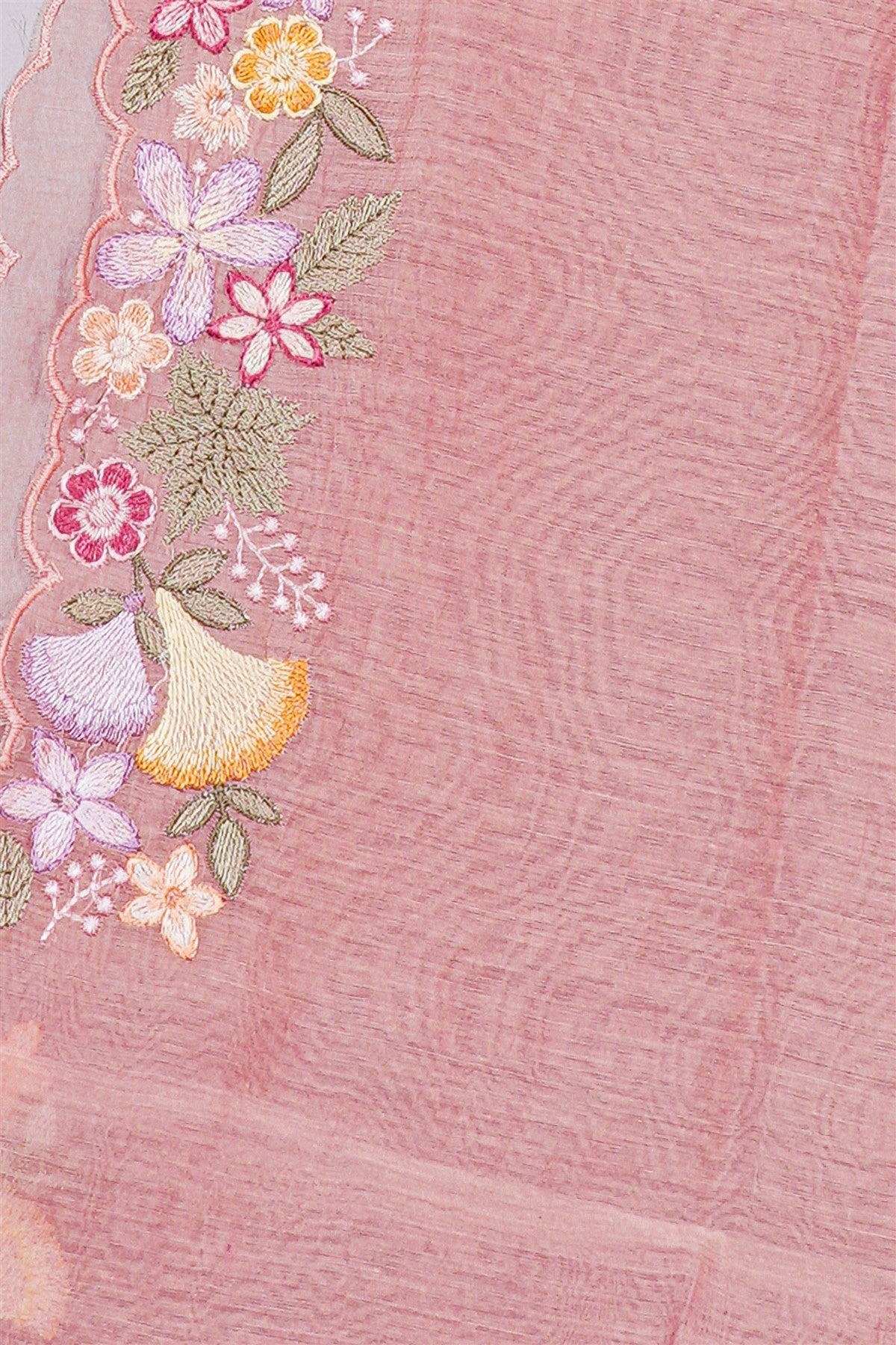 Chanderi Peach Floral Embroidered Dress Material