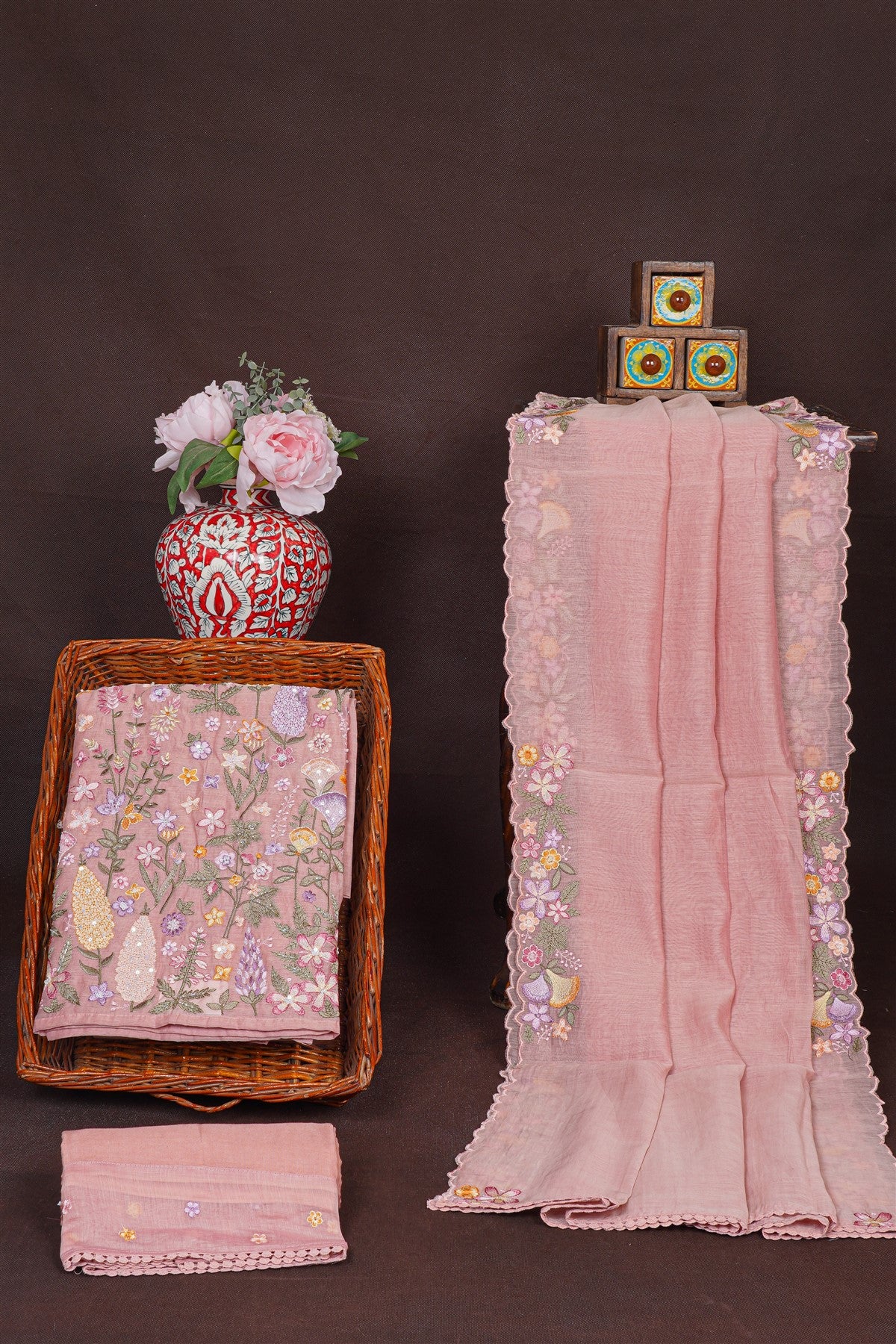Chanderi Peach Floral Embroidered Dress Material