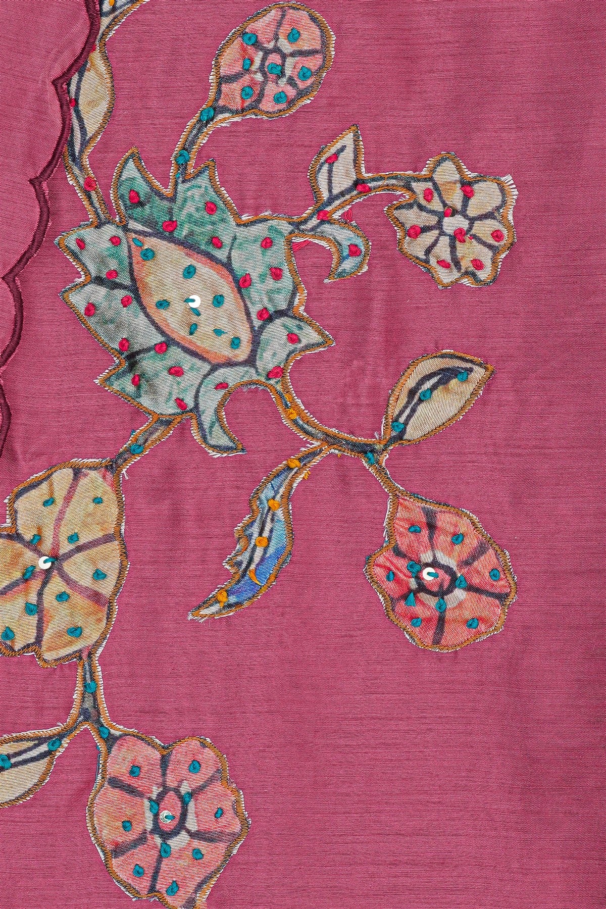 Chanderi Pink Floral Embroidery Dress Material