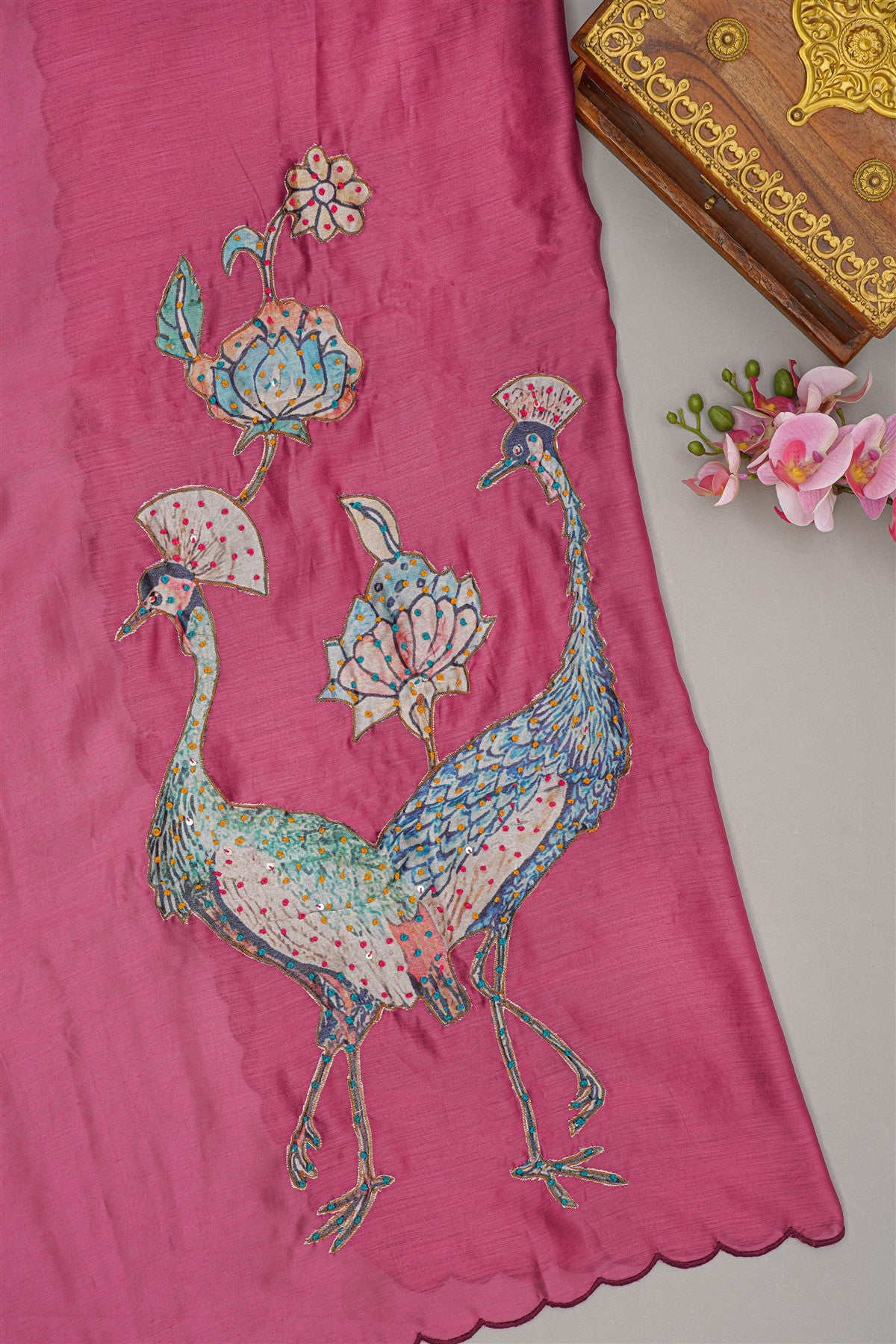 Chanderi Pink Floral Embroidery Dress Material