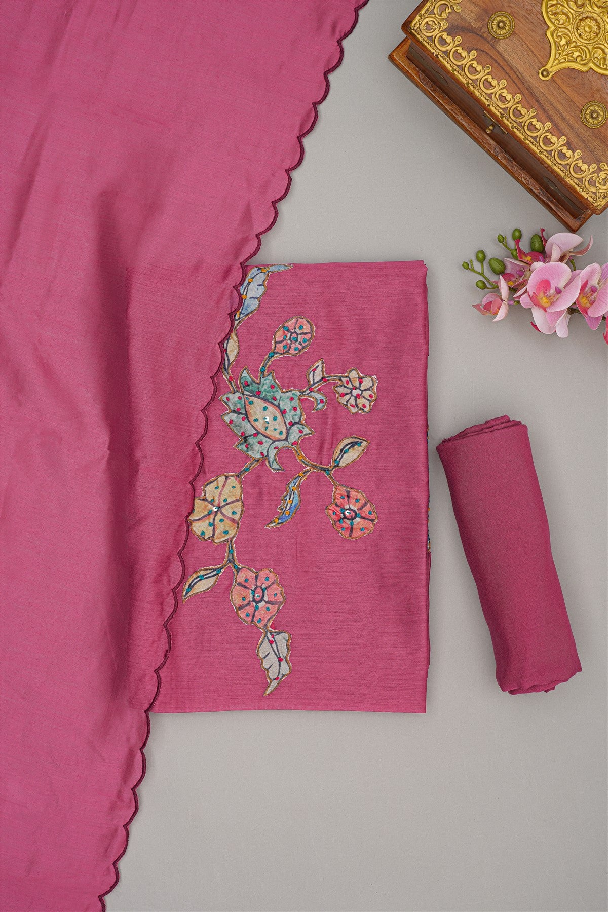 Chanderi Pink Floral Embroidery Dress Material