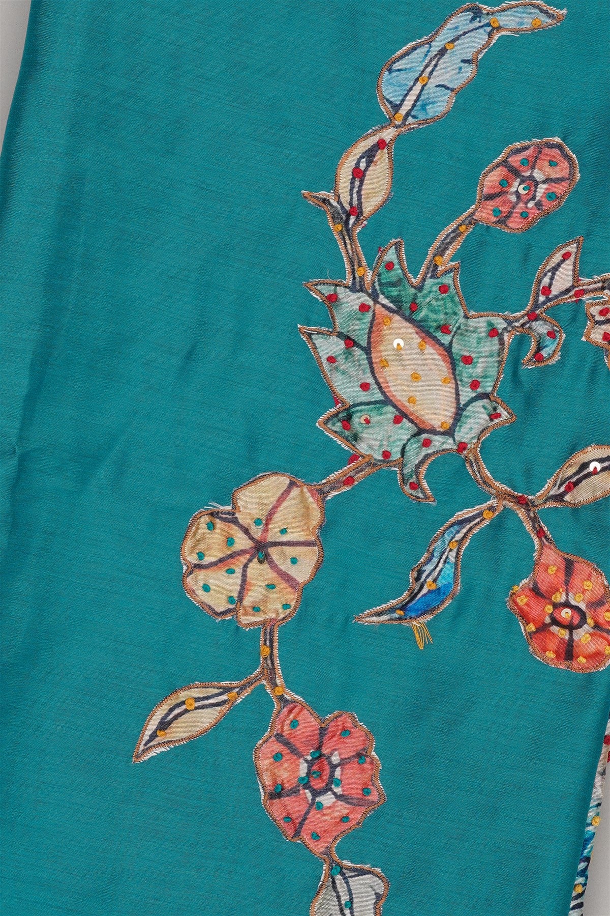 Chanderi Teal Floral Embroidery Dress Material