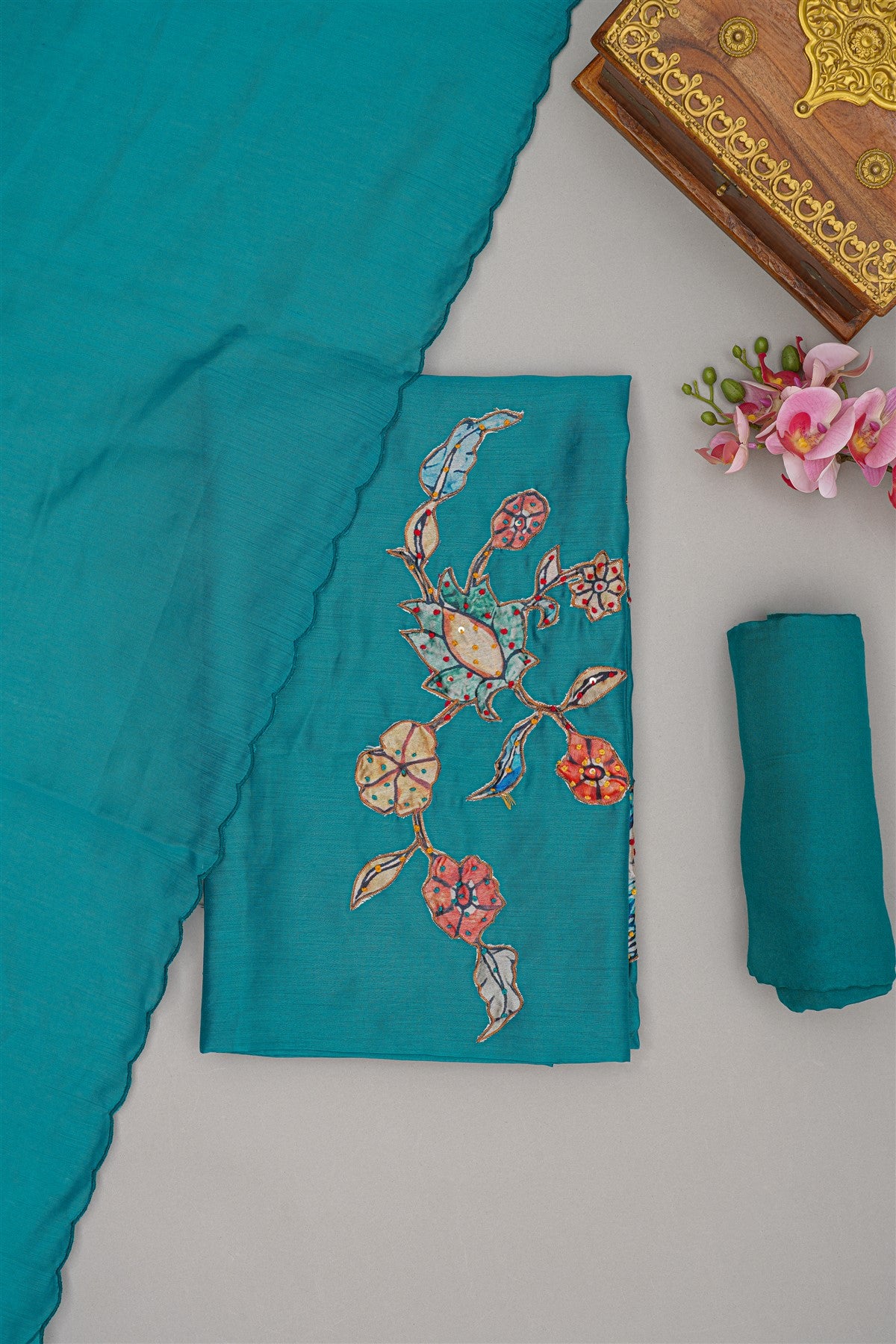 Chanderi Teal Floral Embroidery Dress Material