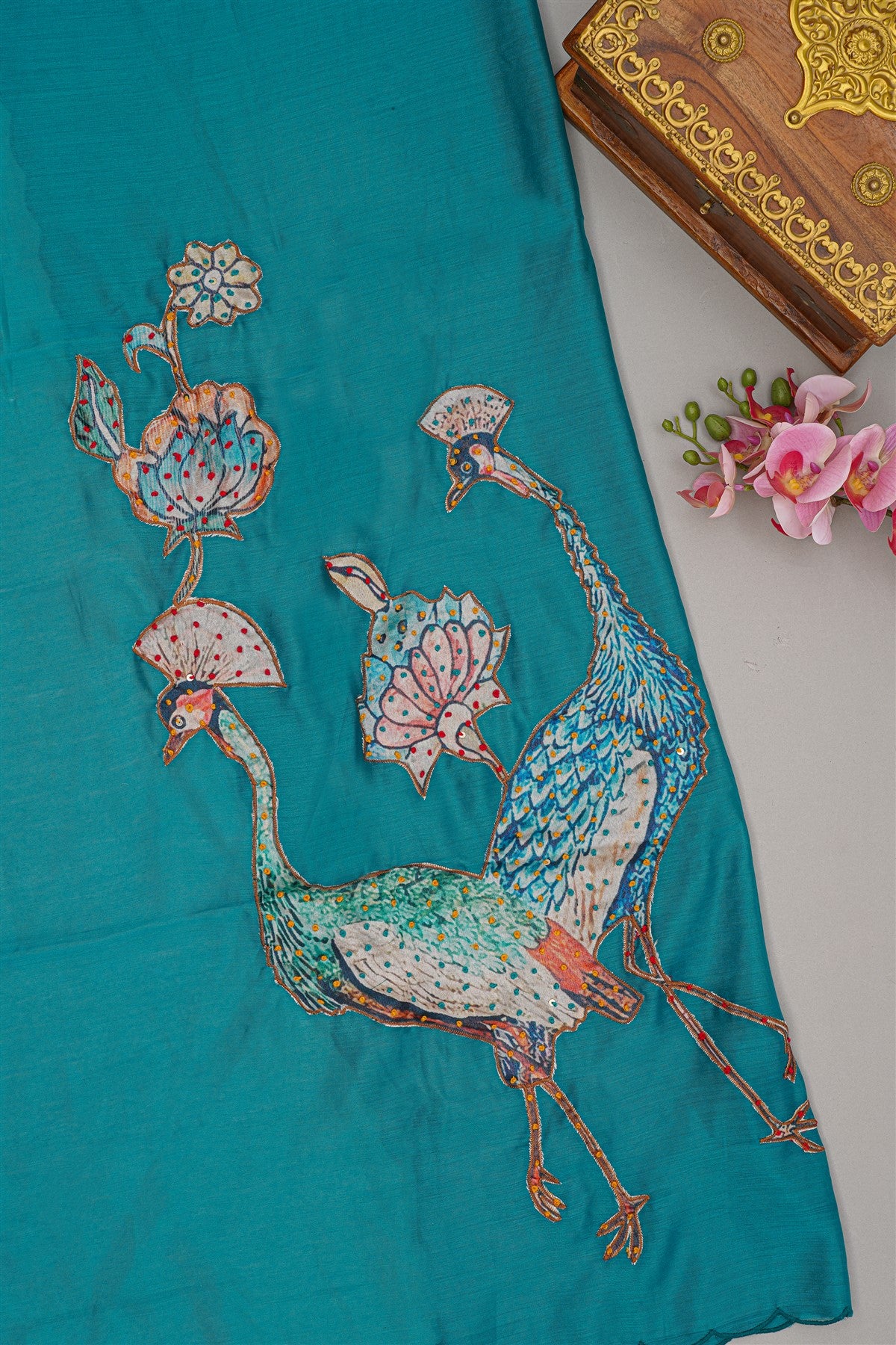 Chanderi Teal Floral Embroidery Dress Material