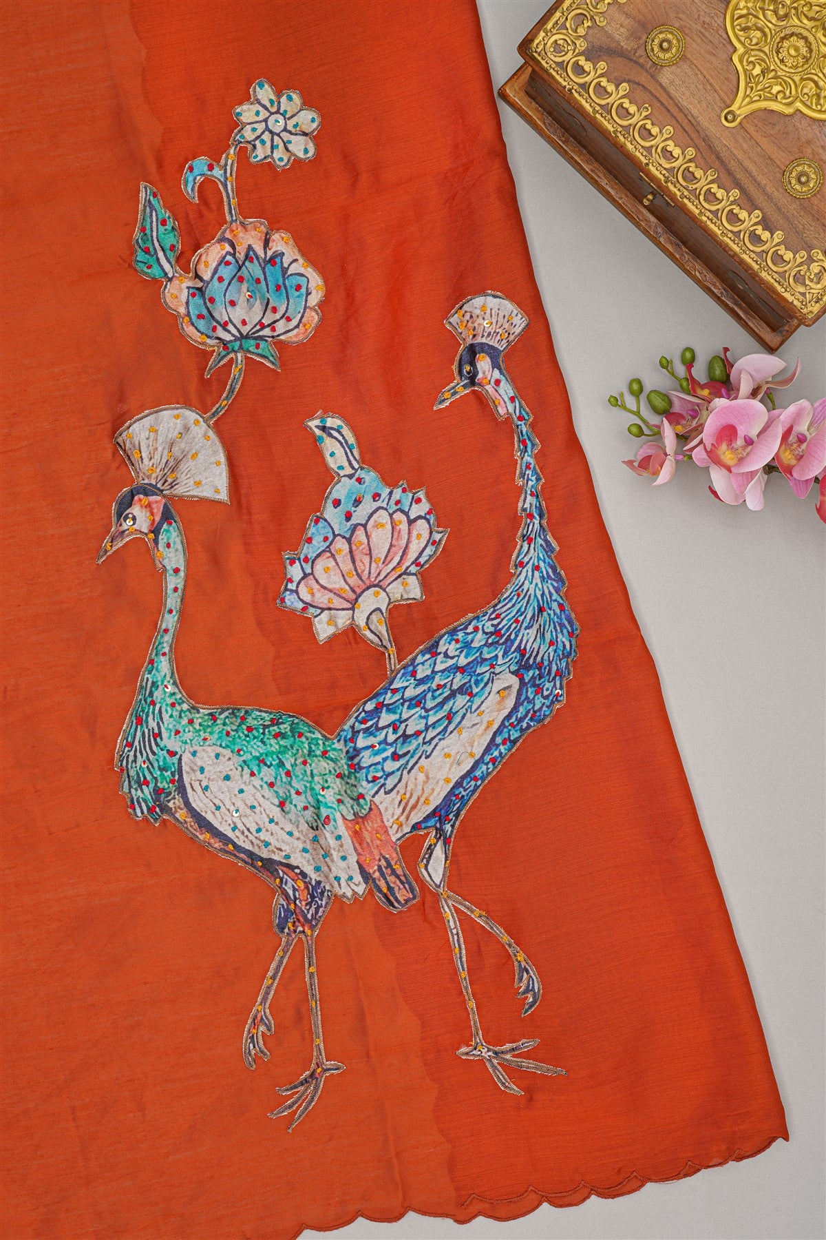 Chanderi Rust Orange Embroidered Dress Material
