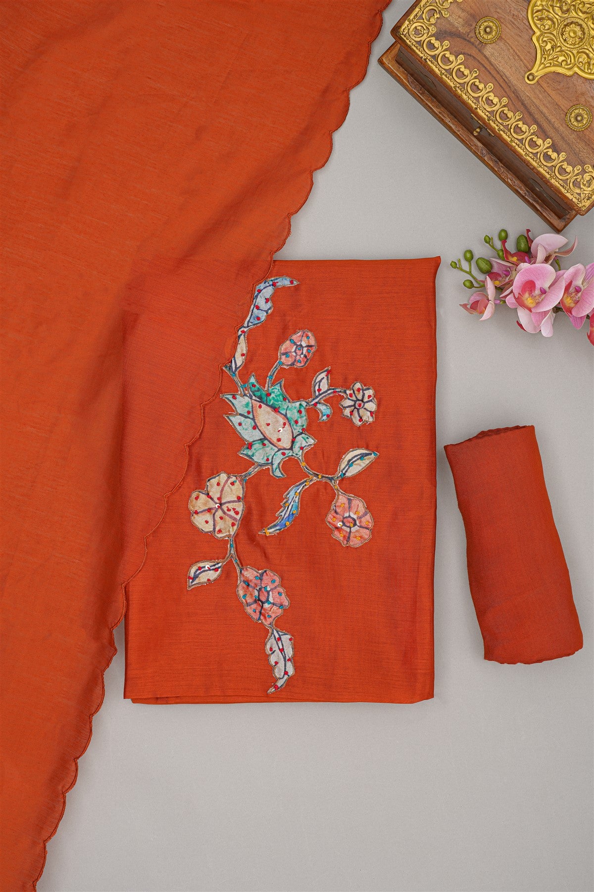Chanderi Rust Orange Embroidered Dress Material