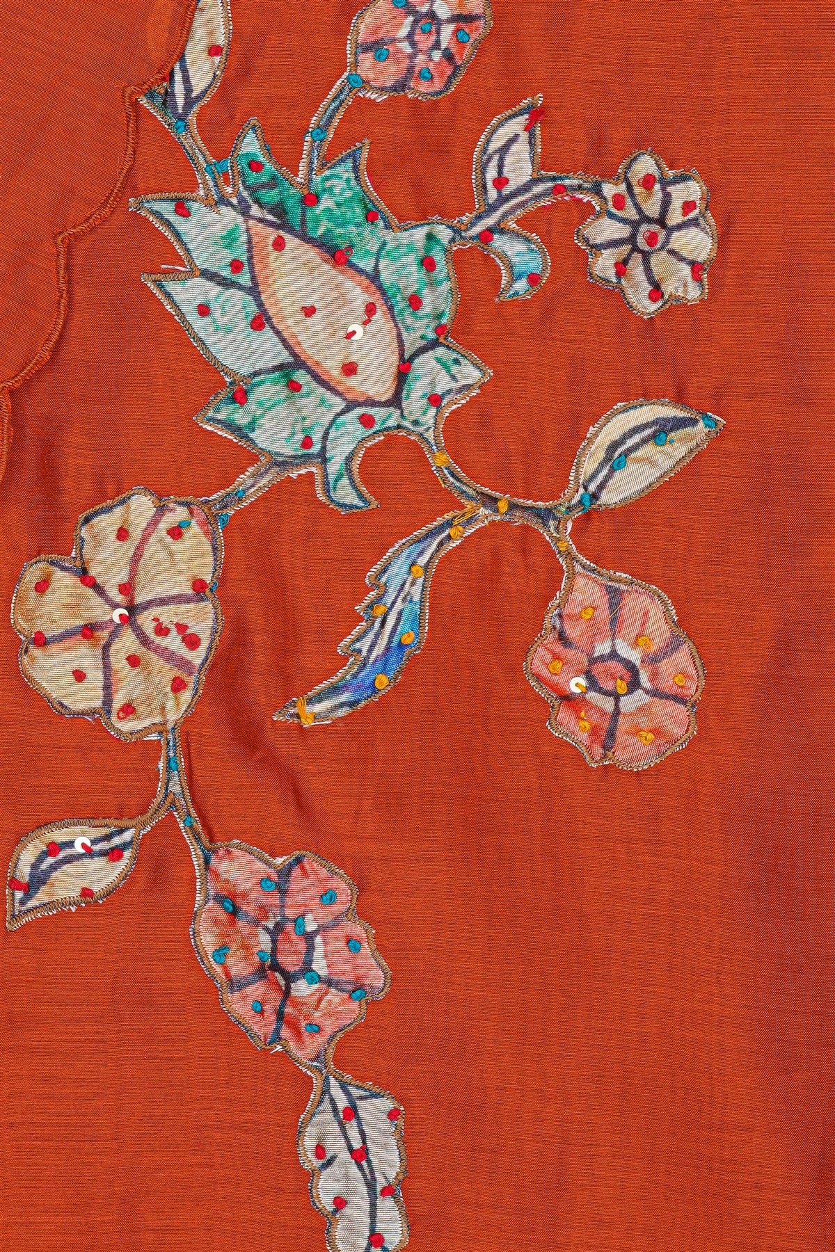 Chanderi Rust Orange Embroidered Dress Material
