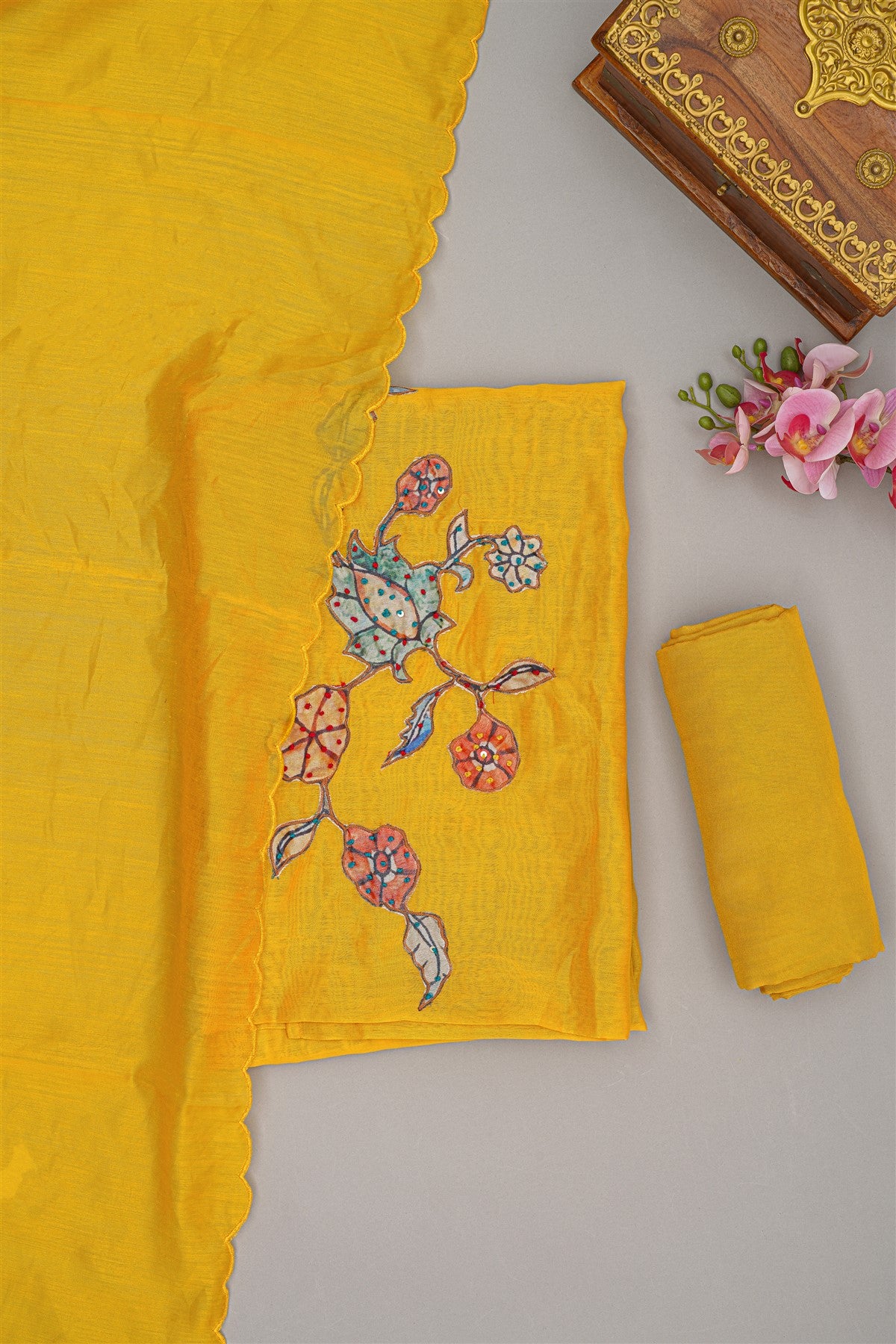 Chanderi Yellow Embroidered Dress Material