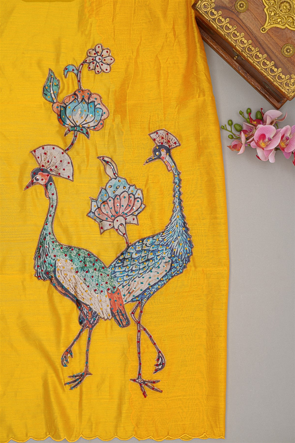 Chanderi Yellow Embroidered Dress Material