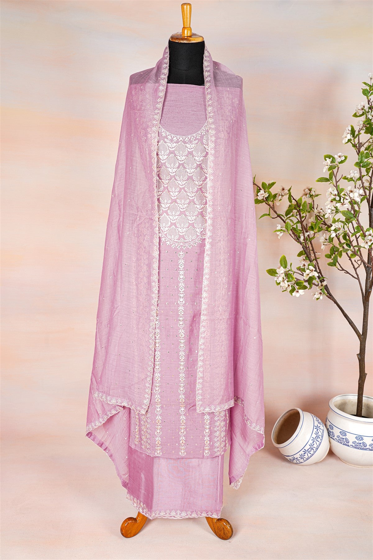 Chanderi Lavender Embroidered Dress Material