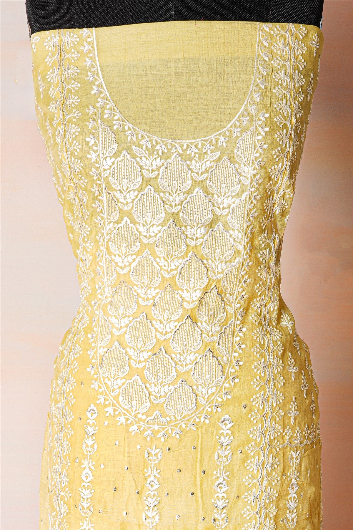 Chanderi Lemon Yellow Embroidered Dress Material