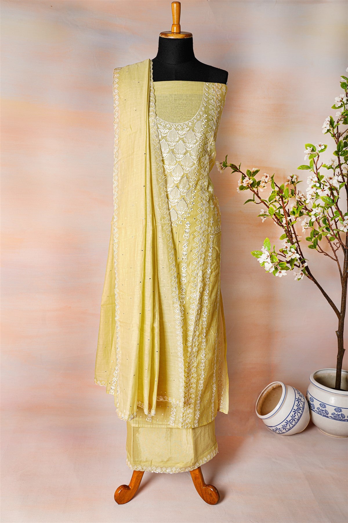 Chanderi Lemon Yellow Embroidered Dress Material