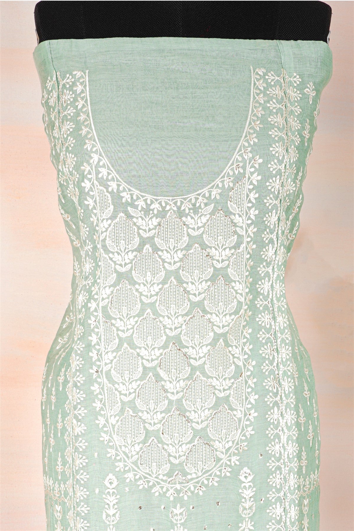 Chanderi Pista Green Embroidered Dress Material