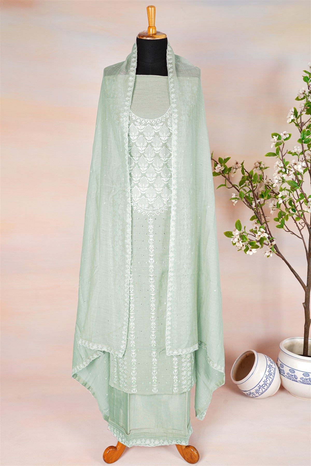 Chanderi Pista Green Embroidered Dress Material