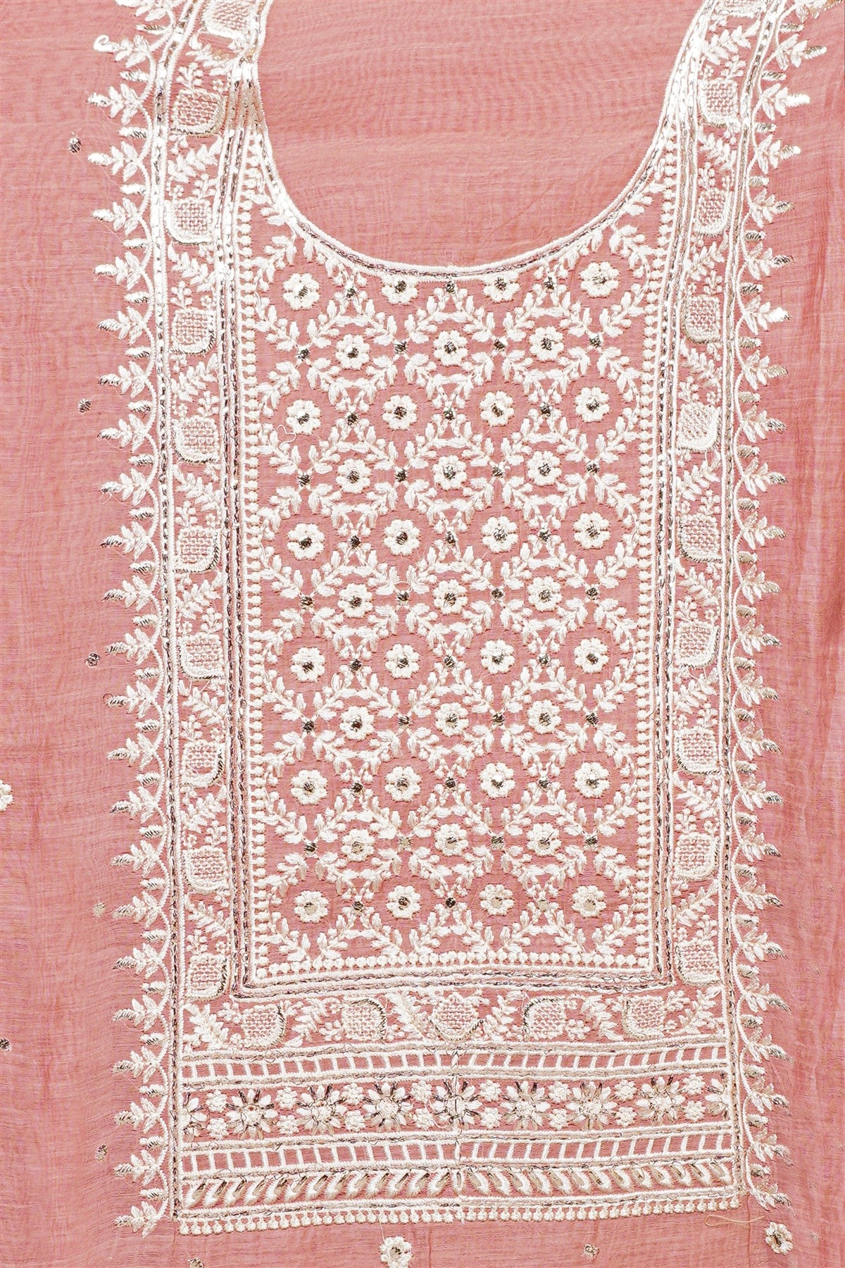 Chanderi Peach Embroidered Dress Material