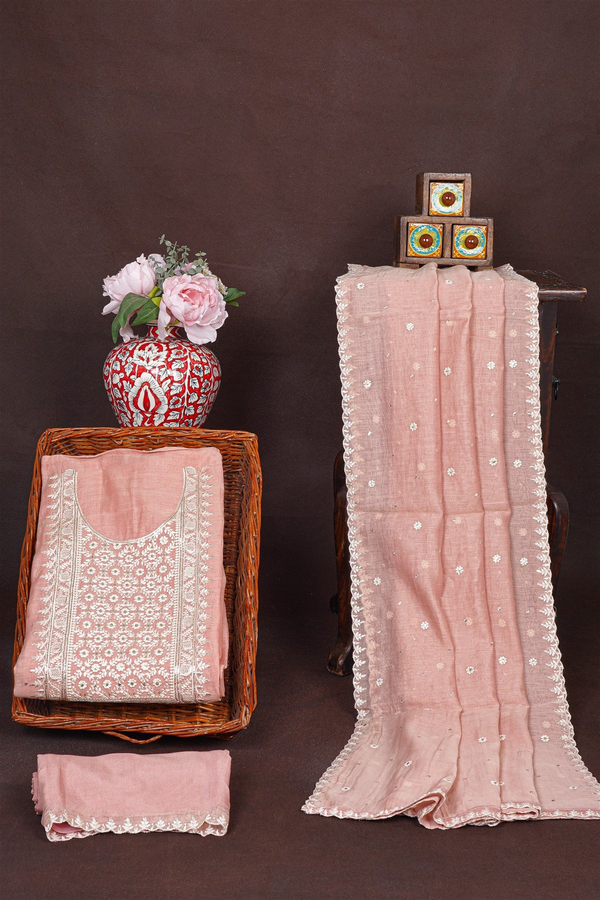 Chanderi Peach Embroidered Dress Material