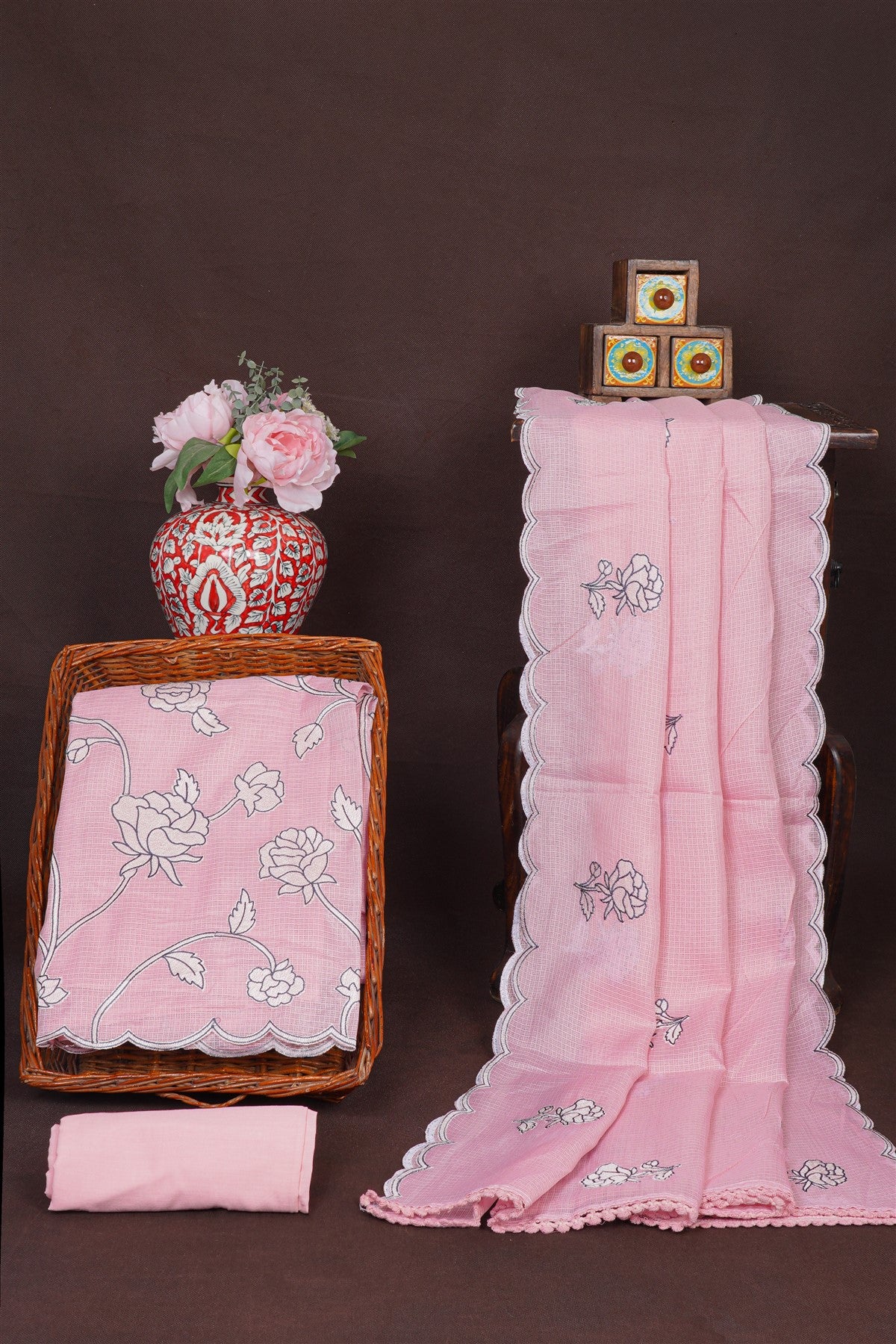 Kota Light Pink Floral Embroidered Dress Material