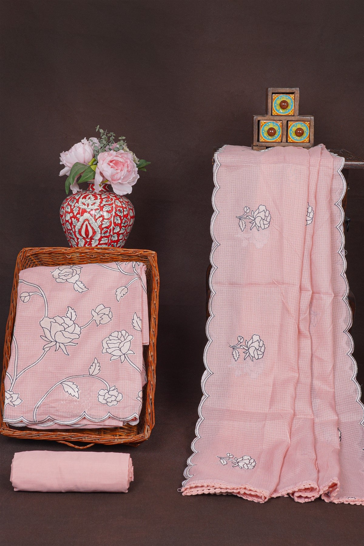 Kota Peach Floral Embroidered Dress Material