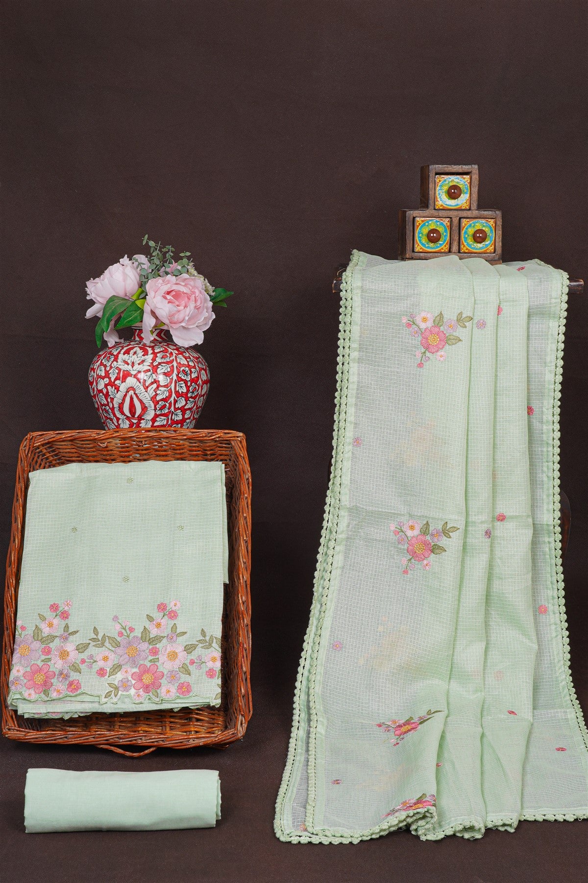 Kota Pista Green Floral Embroidered Dress Material