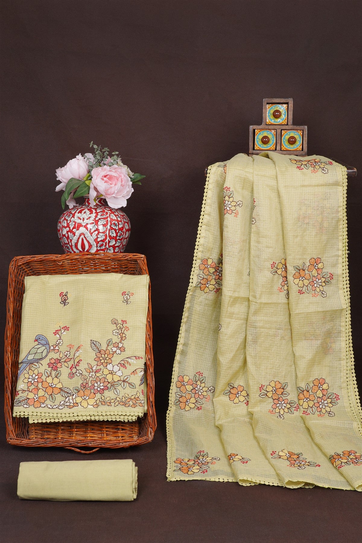 Kota Olive Green Floral Embroidered Dress Material