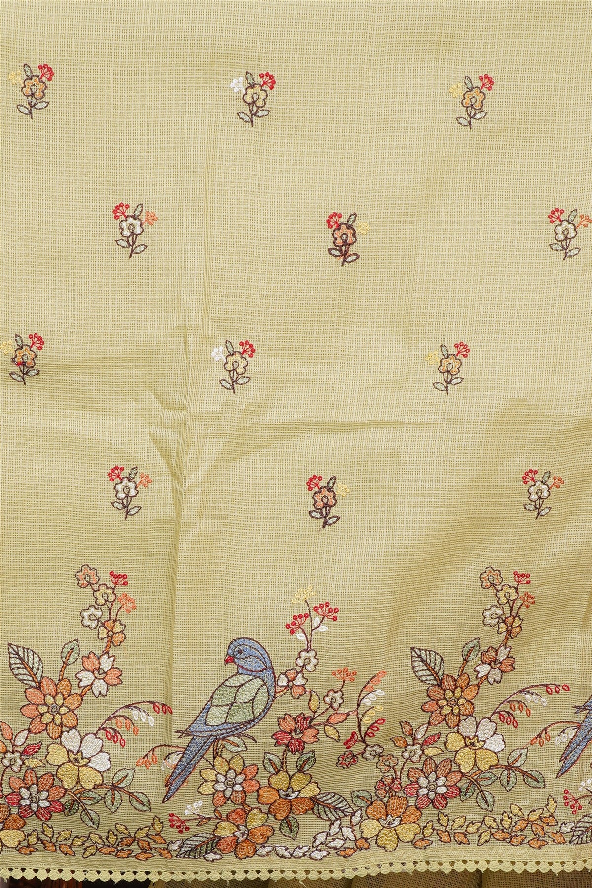Kota Olive Green Floral Embroidered Dress Material