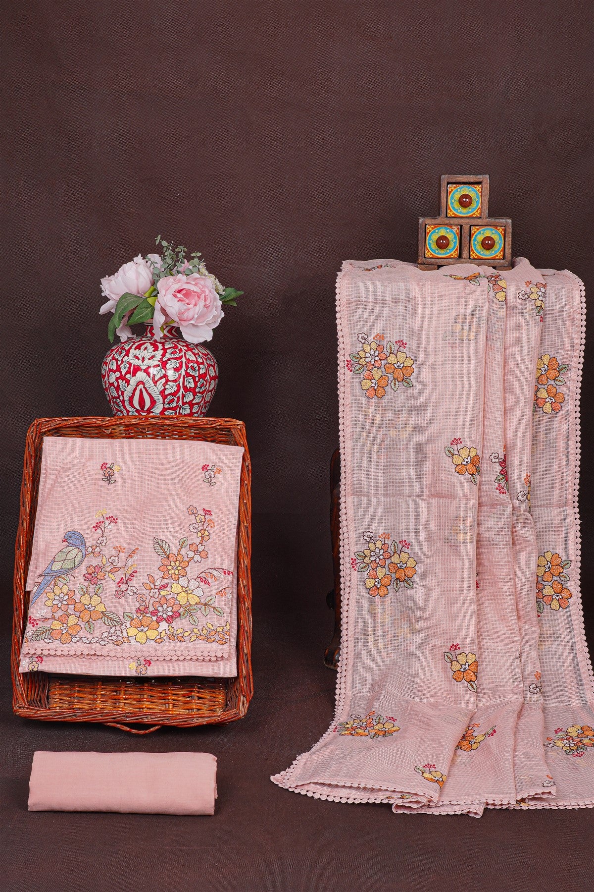Kota Peach Floral Embroidered Dress Material