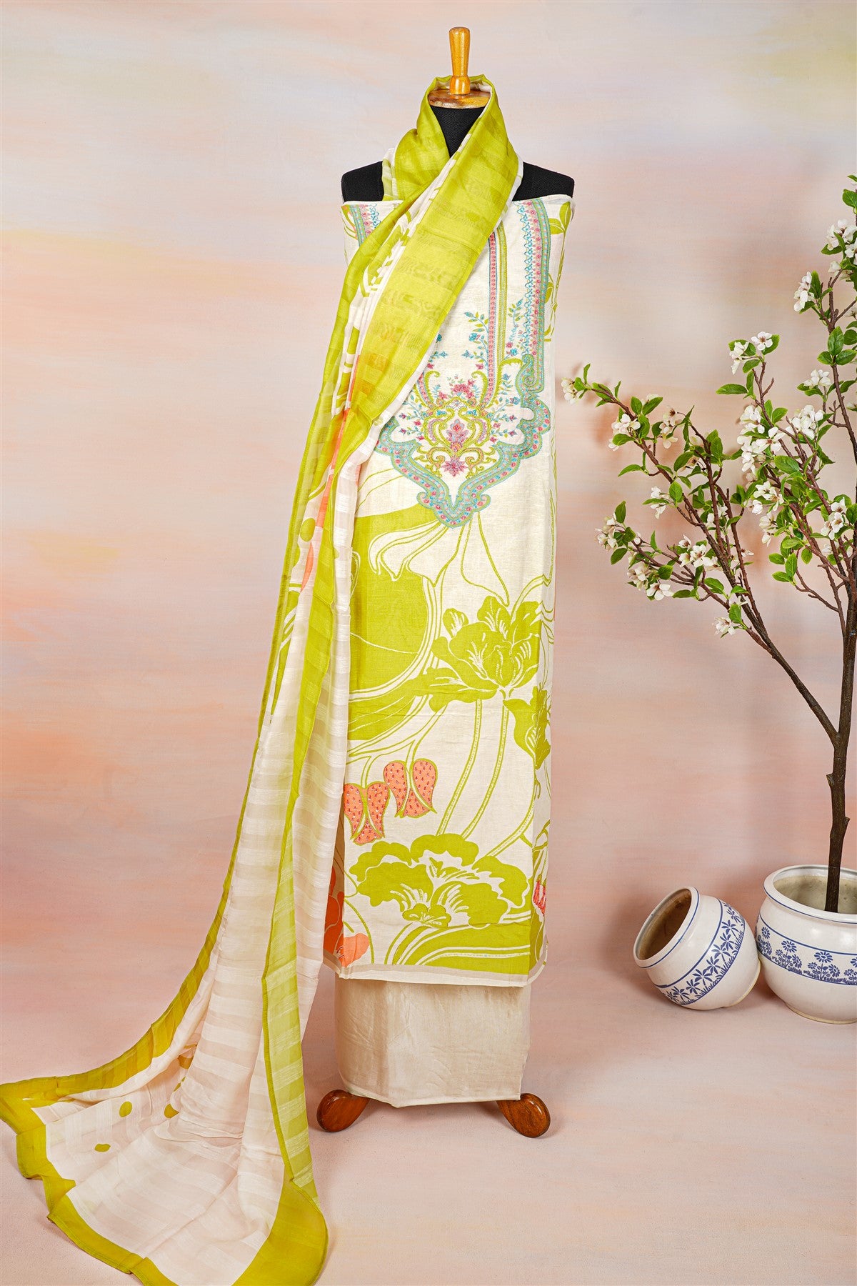 Chanderi Cream Floral Print Dress Material