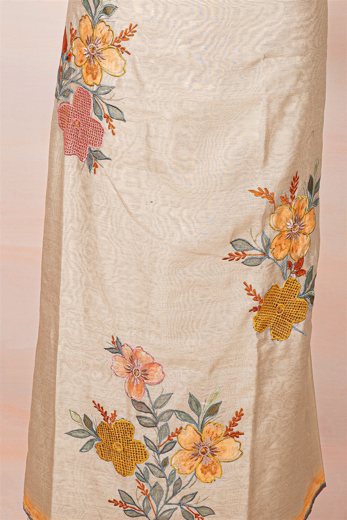 Chanderi Beige Floral Print Dress Material