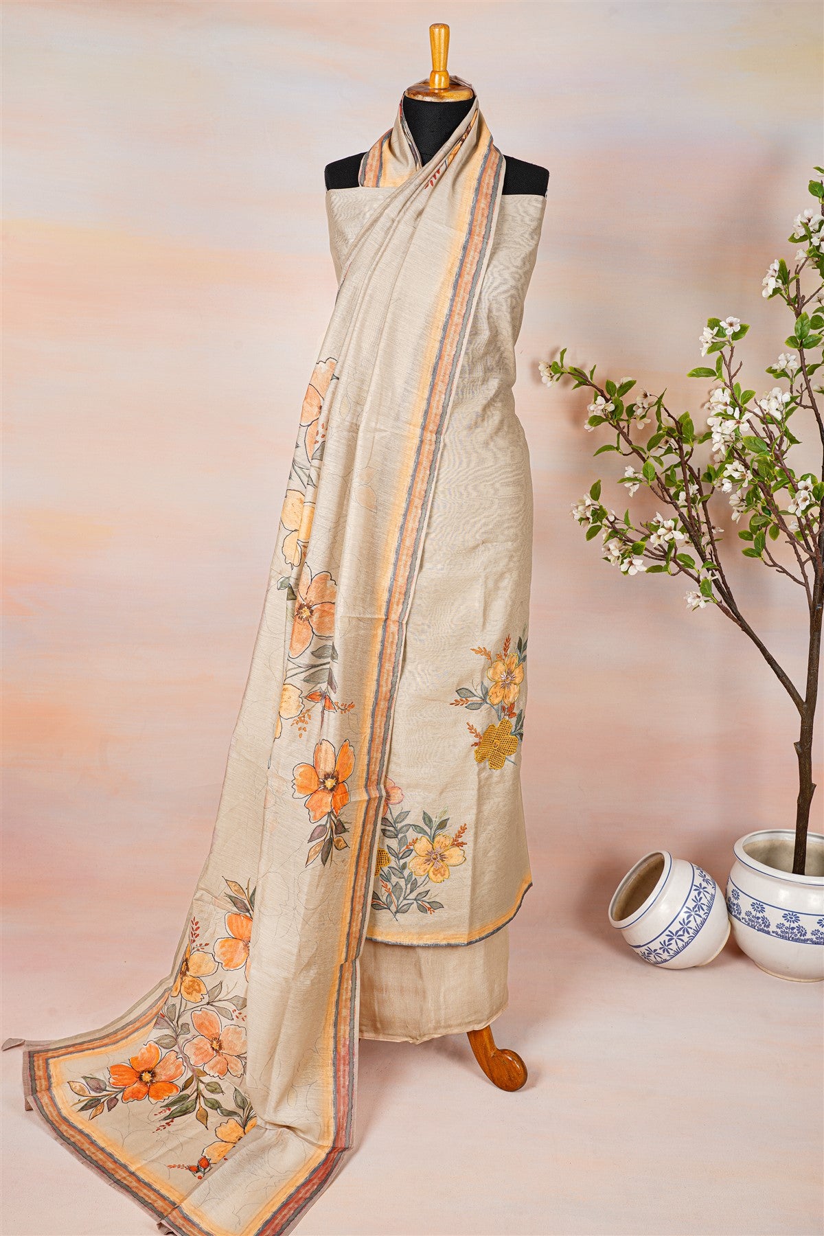 Chanderi Beige Floral Print Dress Material